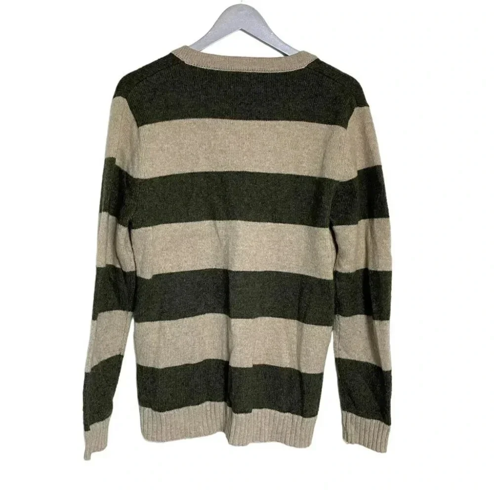 Old Navy Cardigan Sweater Medium Green Beige Striped Wool Blend V-Neck Button Up